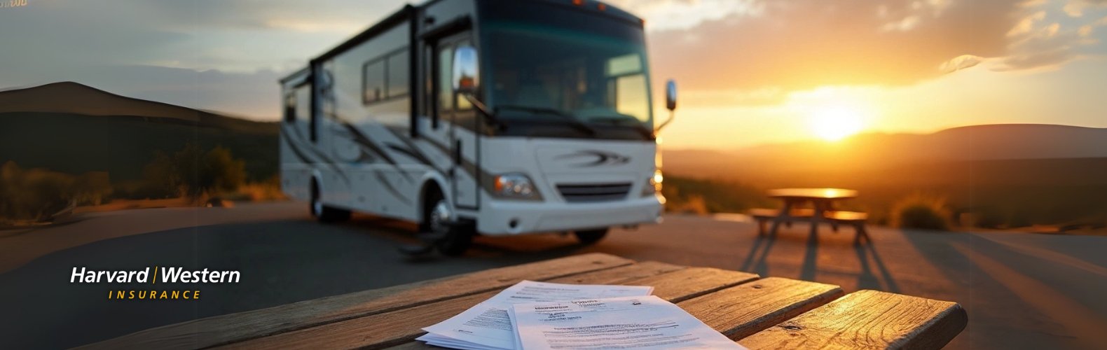 An image of a motorhome against a sunset background with a table infront that has various documents on it